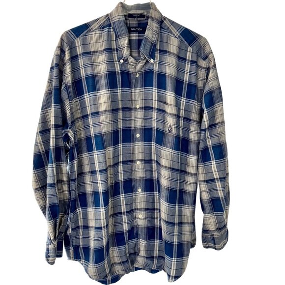 Nautica Blue & White Plaid Long Sleeve Cotton Flannel Shirt Large - Picture 2 of 8